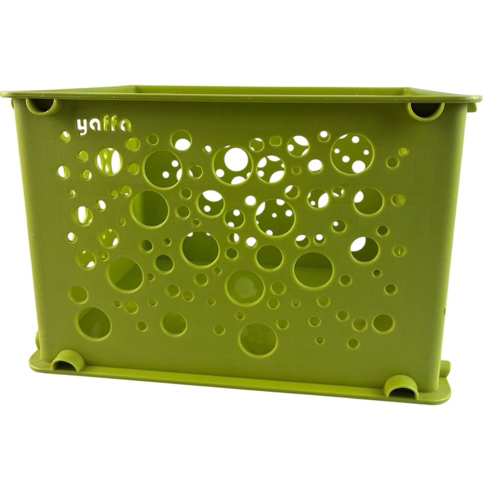 Vintage Yaffa Plastic Storage Crate Lime Green Stackable 9x6x7 Bin Bubbles Small